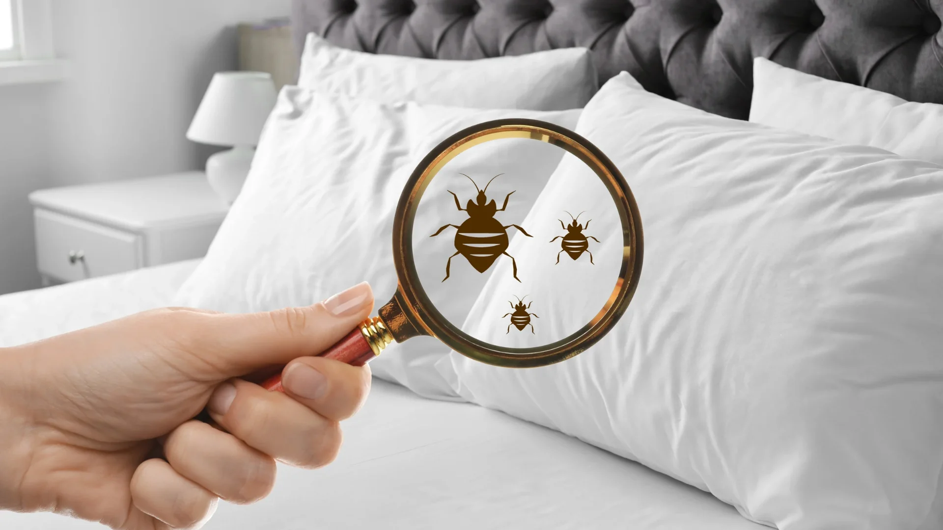 Hand holding magnifying glass focusing on bugs on a white bed sheet.