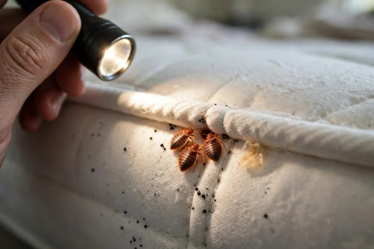 Flashlight inspection of a bed bug source colony along a mattress seam