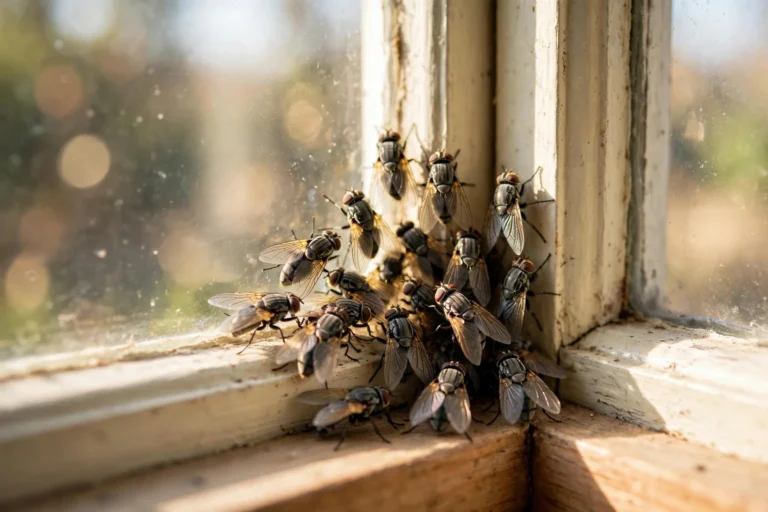 Cluster flies gathering on a sunny window in a Saskatchewan home
