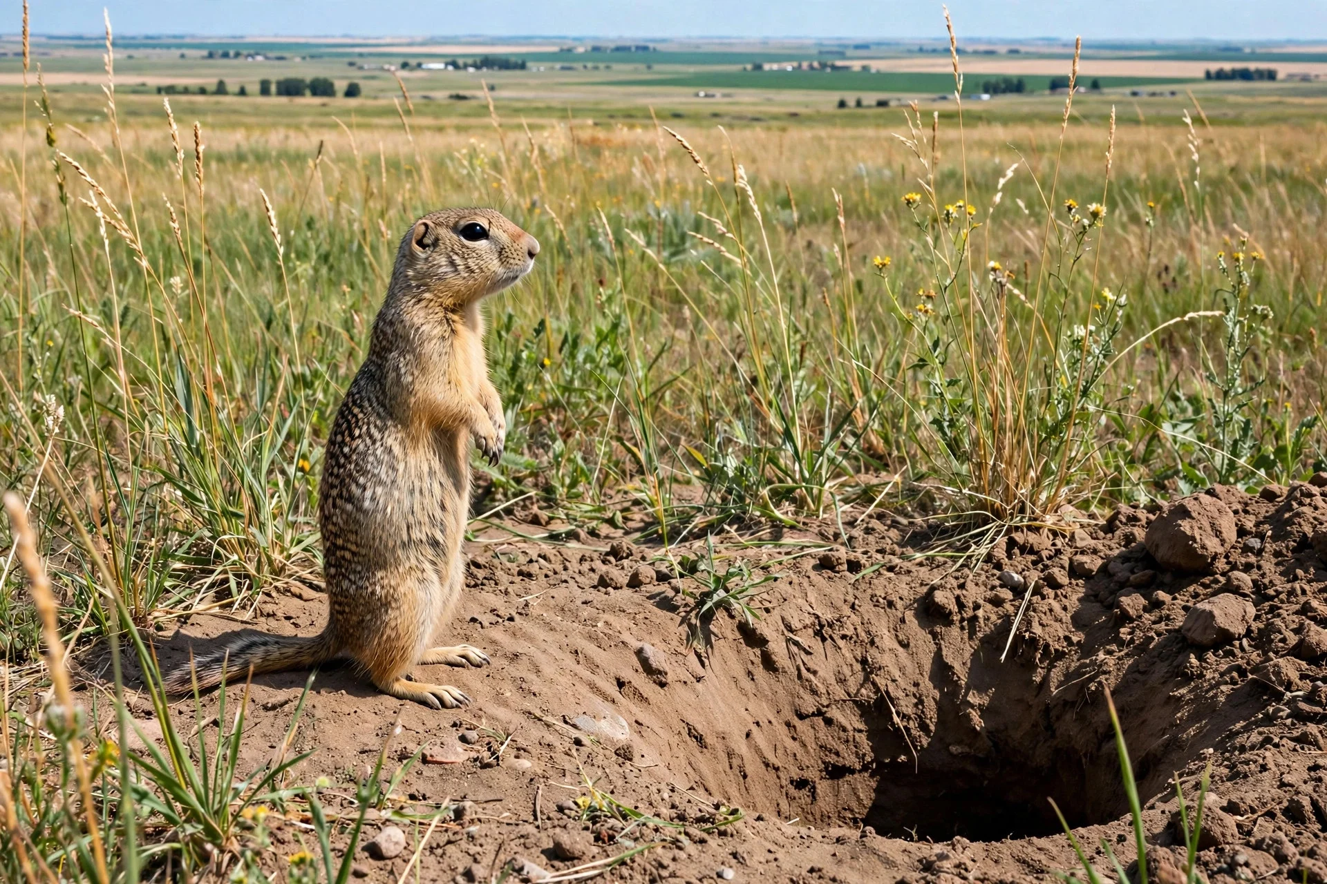Richardson's ground squirrel (gopher) standing at its burrow in a Saskatchewan field