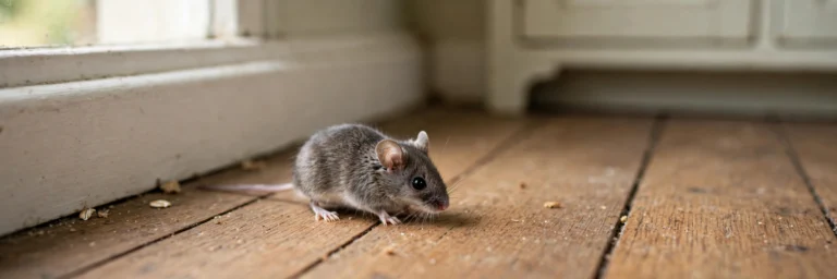 House mouse near a baseboard