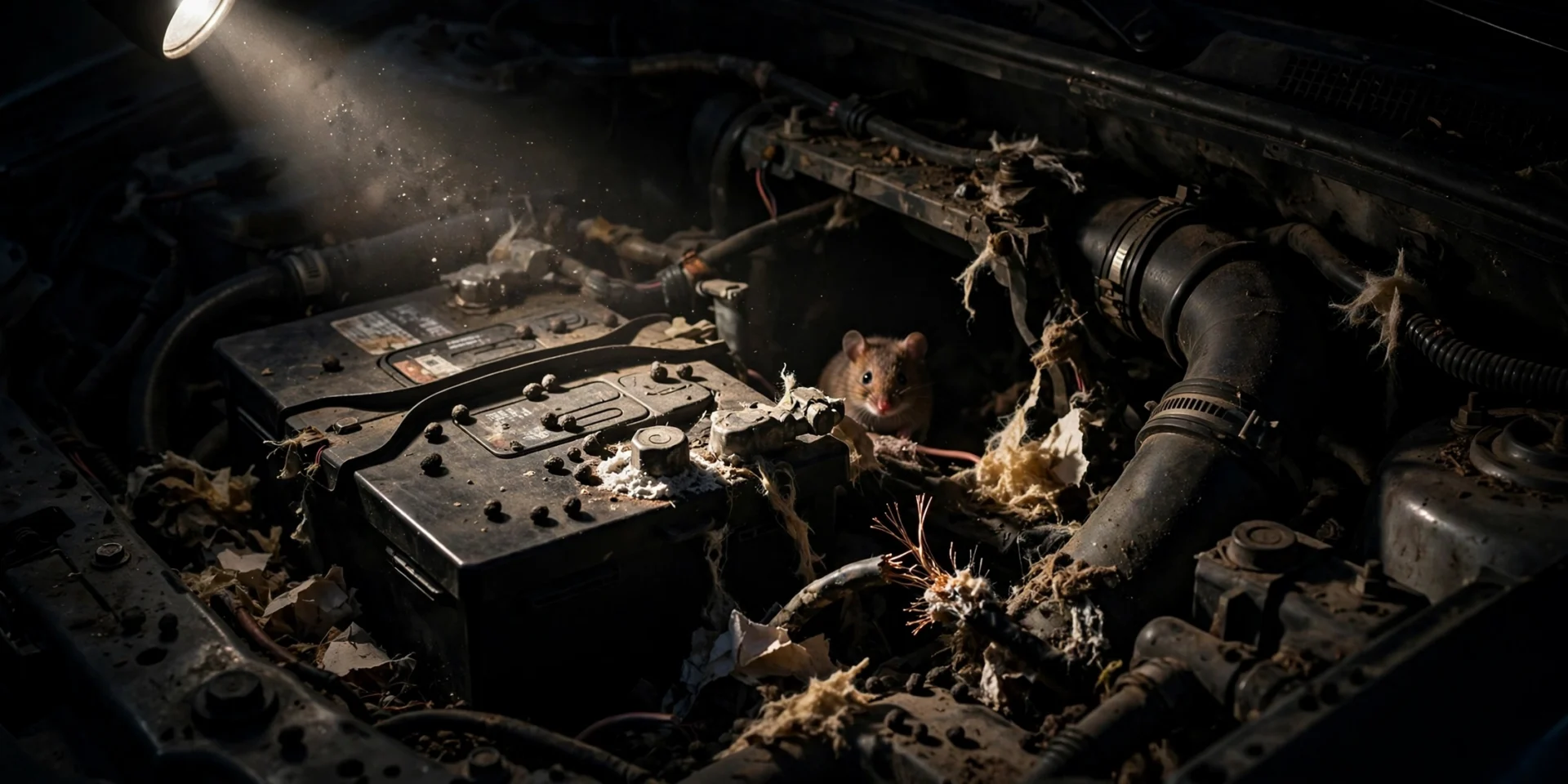 Mouse infestation in a car engine bay with droppings, nesting material and chewed wiring