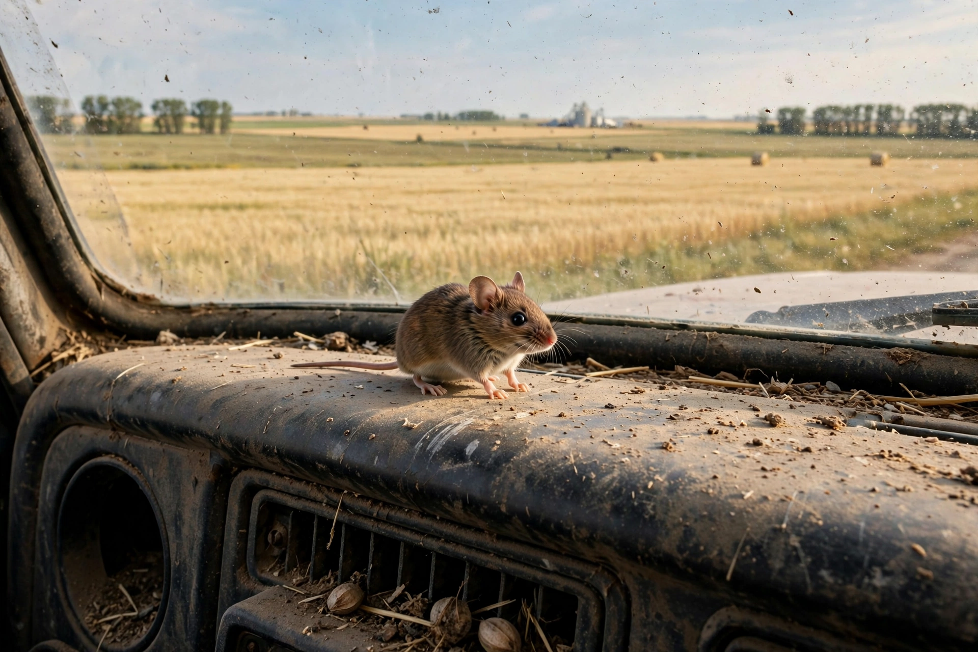 Field mouse on the dashboard of a parked truck in Saskatchewan