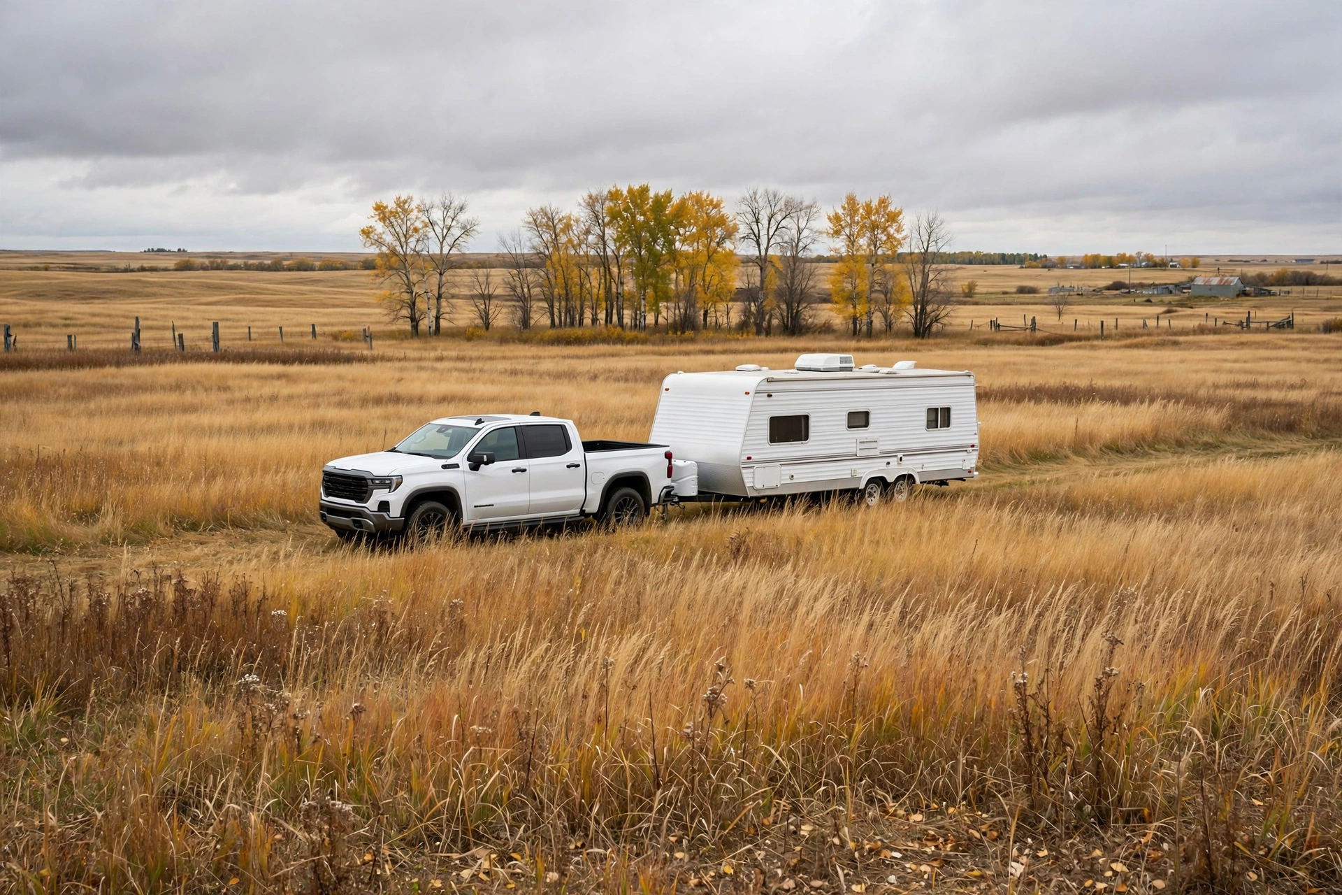 Travel trailer and truck parked at a rural Saskatchewan acreage in autumn