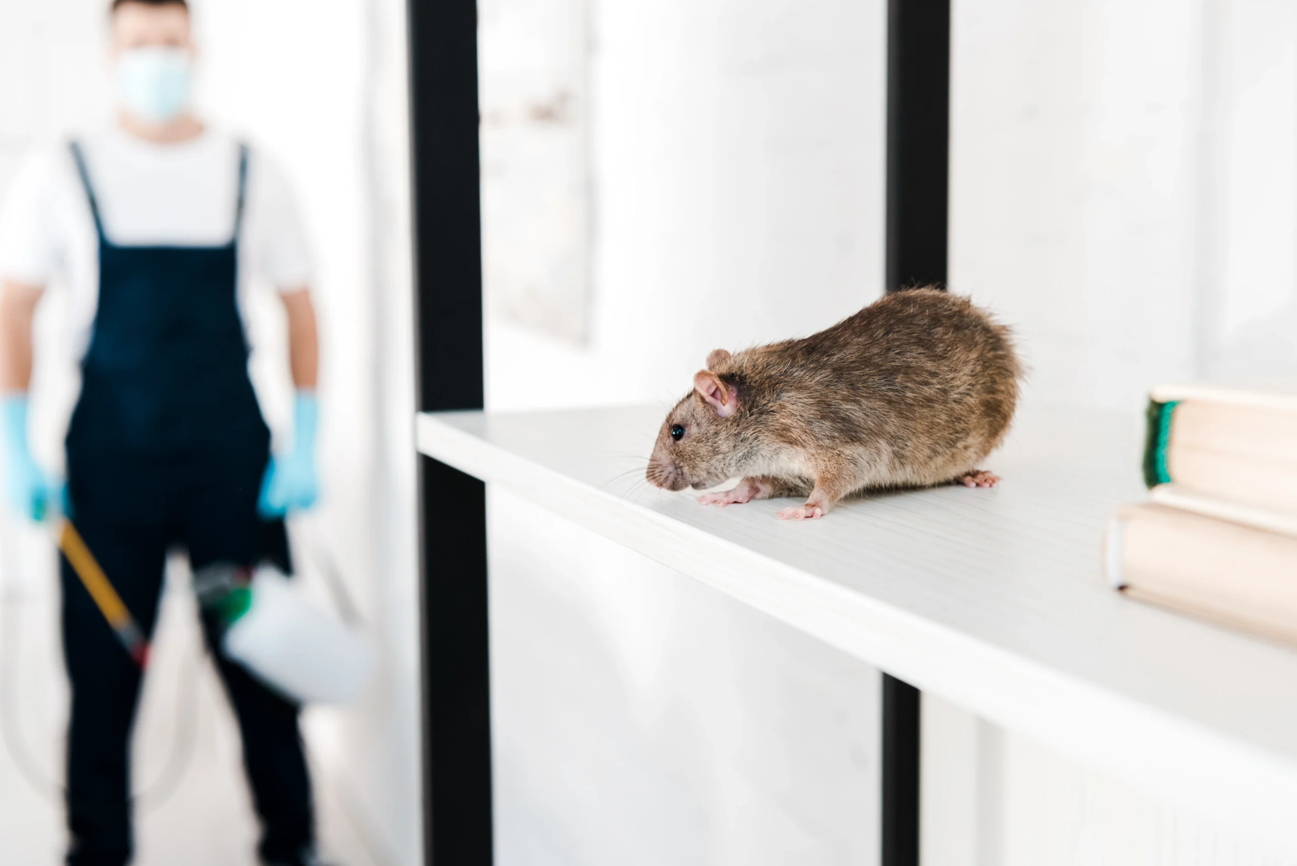A rat on a white shelf with a blurred person in the background.